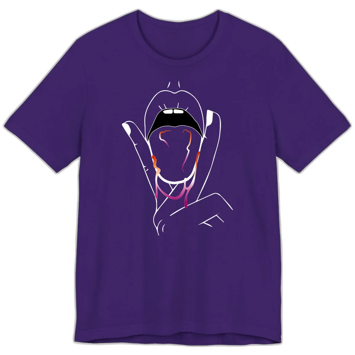 Minimalist line art illustration of an open mouth with colorful gradient tongue in pride colors on gray background in Team Purple