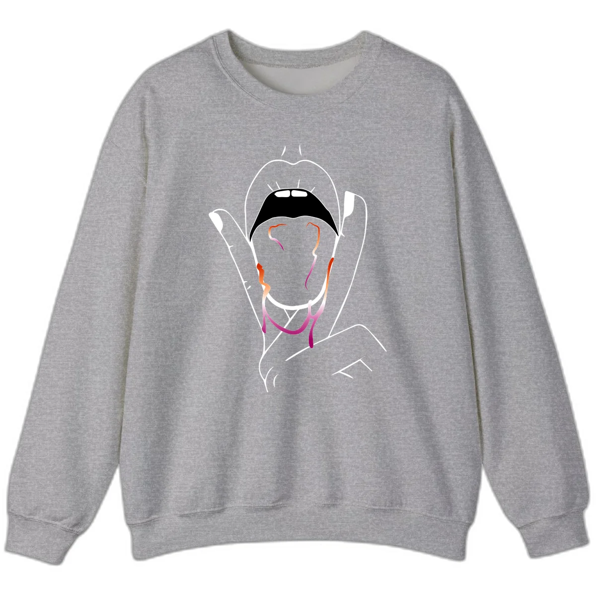 Minimalist line art illustration of an open mouth with colorful gradient tongue in pride colors on gray background in Sport Grey