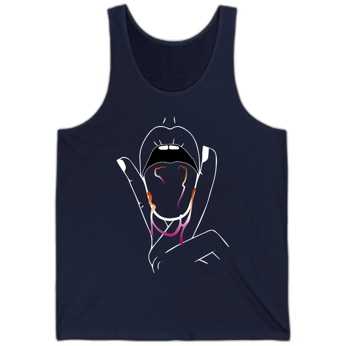 Minimalist line art illustration of an open mouth with colorful gradient tongue in pride colors on gray background in Navy