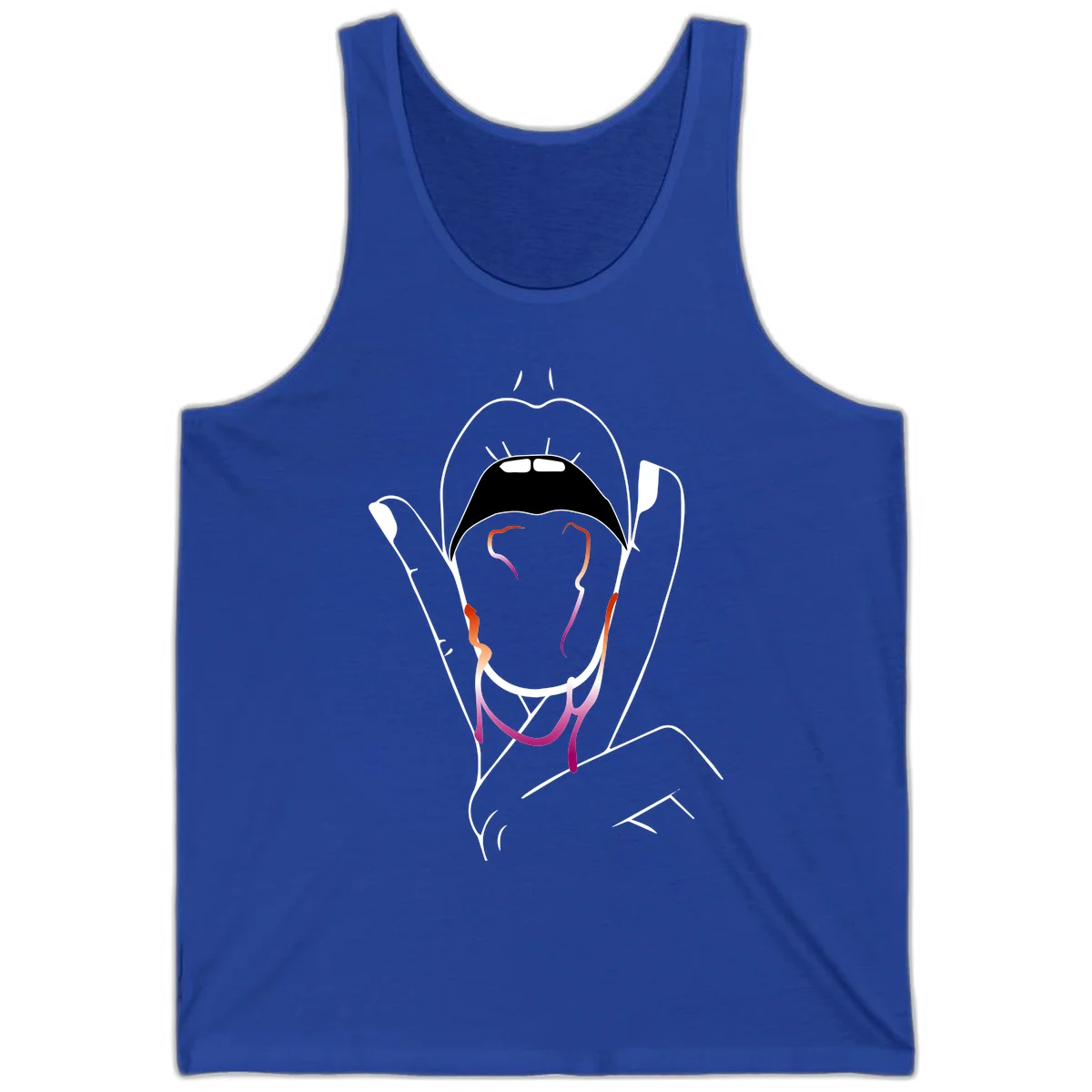 Minimalist line art illustration of an open mouth with colorful gradient tongue in pride colors on gray background in True Royal