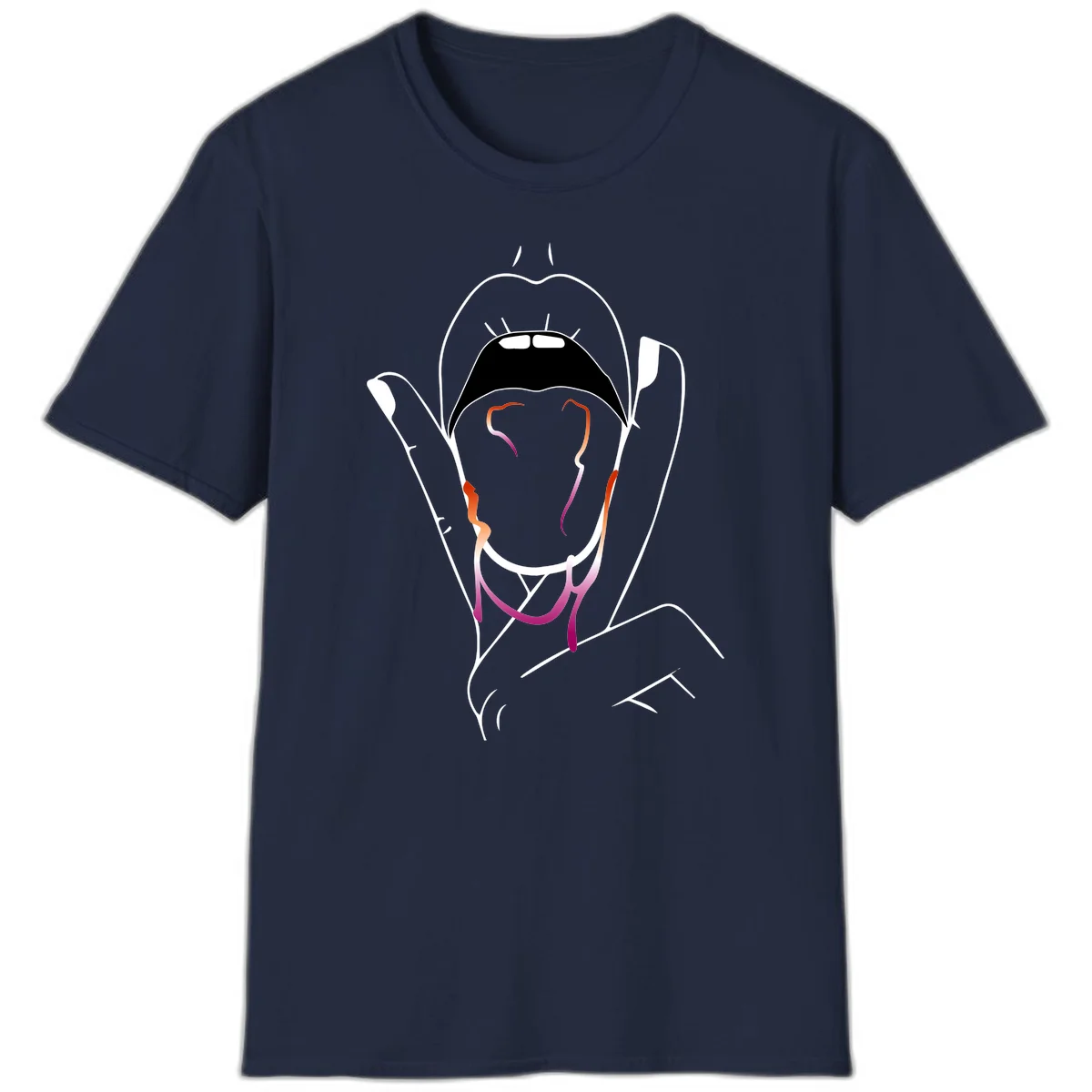 Minimalist line art illustration of an open mouth with colorful gradient tongue in pride colors on gray background in Navy