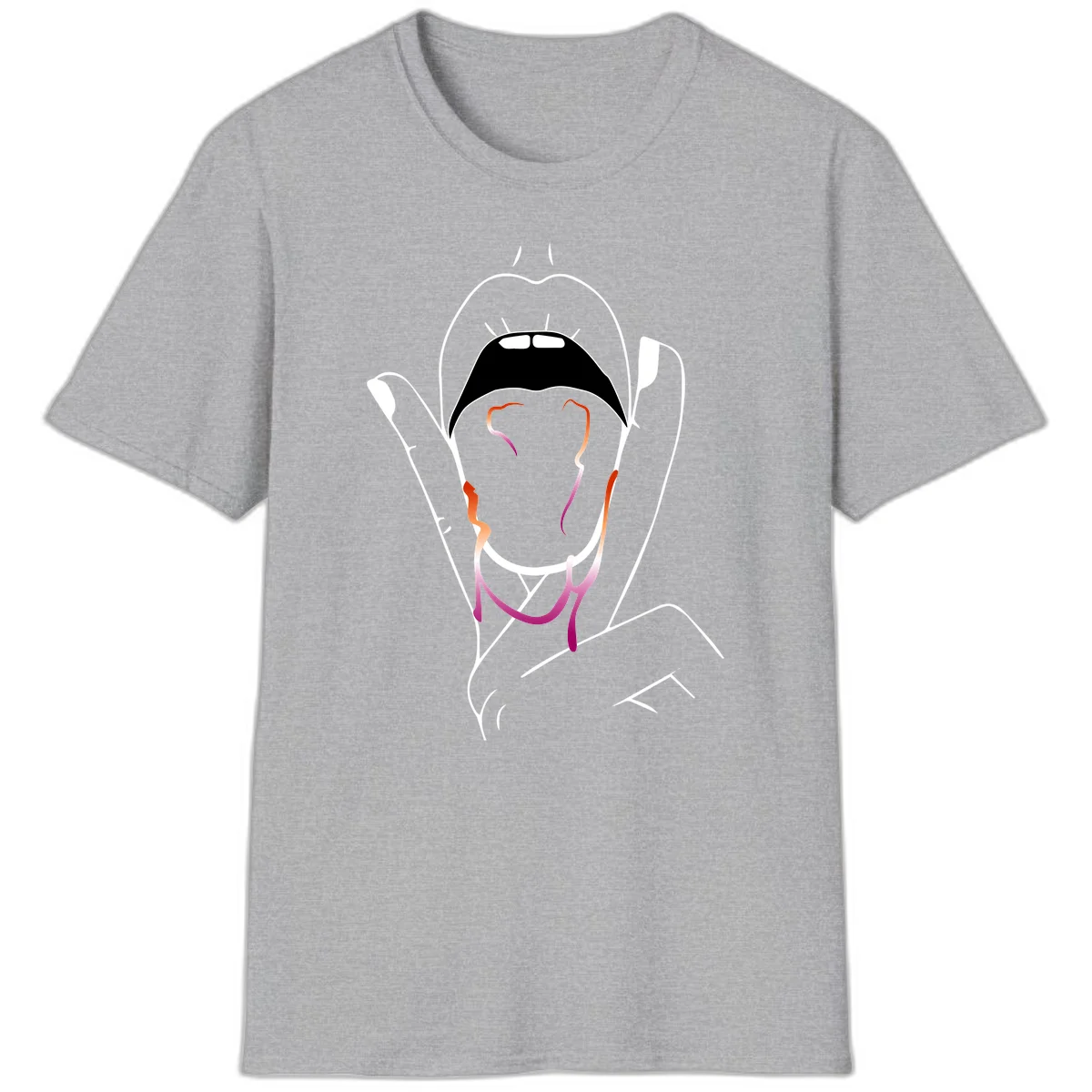 Minimalist line art illustration of an open mouth with colorful gradient tongue in pride colors on gray background in Sport Grey