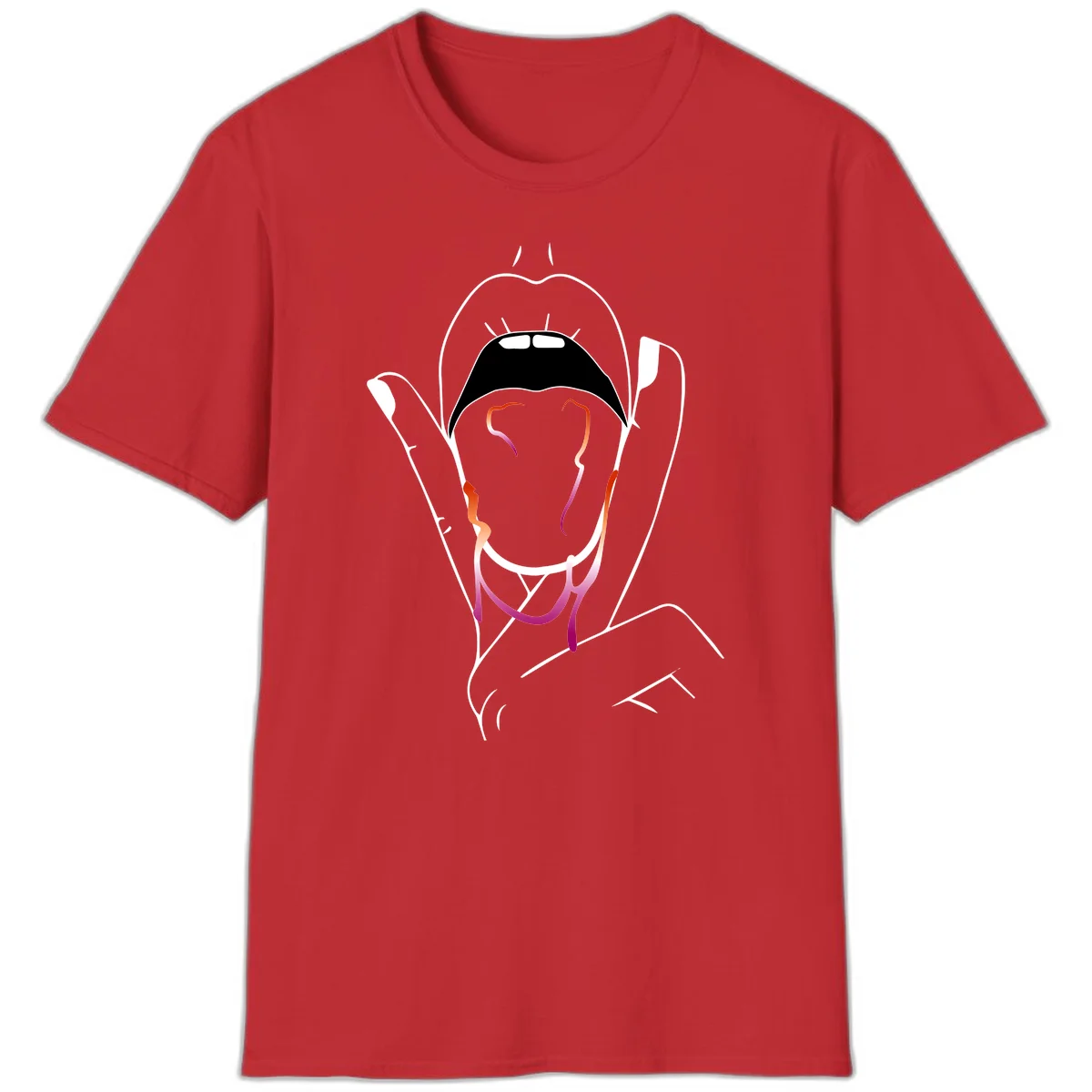 Minimalist line art illustration of an open mouth with colorful gradient tongue in pride colors on gray background in Red