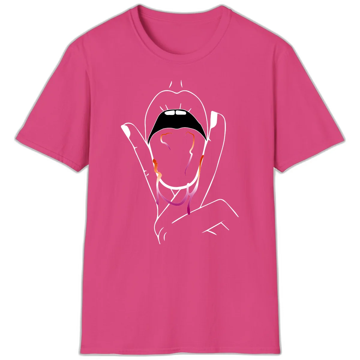 Minimalist line art illustration of an open mouth with colorful gradient tongue in pride colors on gray background in Heliconia