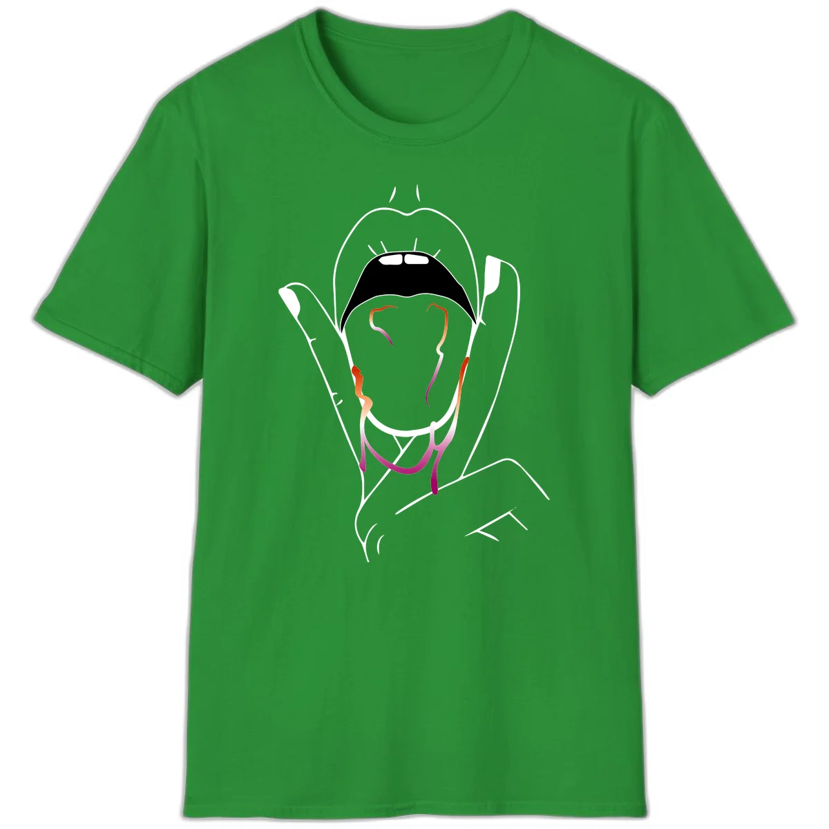 Minimalist line art illustration of an open mouth with colorful gradient tongue in pride colors on gray background in Irish Green