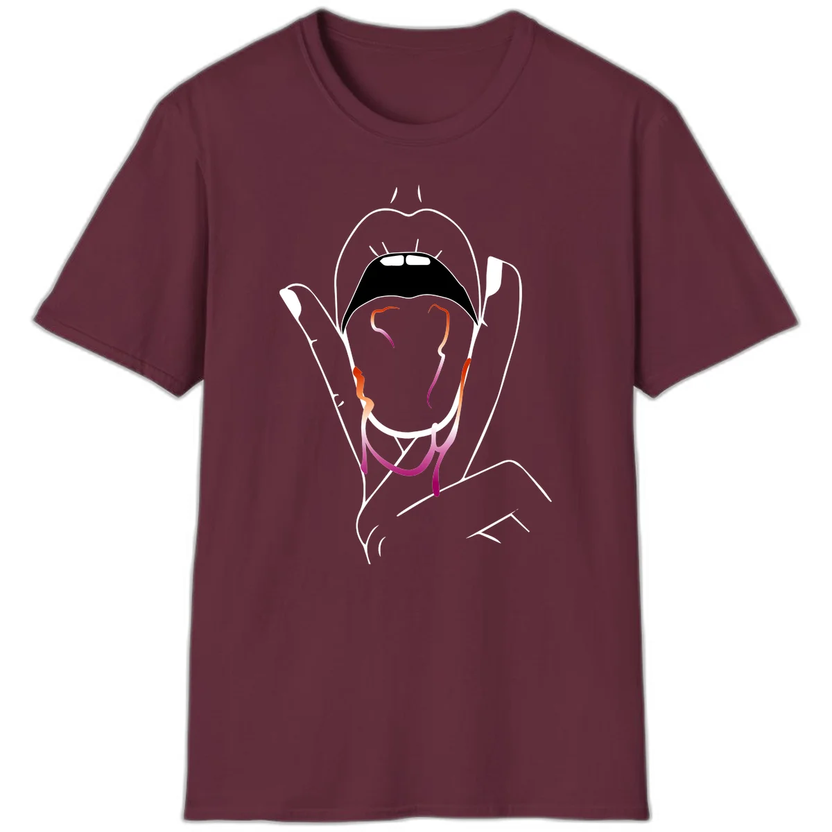 Minimalist line art illustration of an open mouth with colorful gradient tongue in pride colors on gray background in Maroon