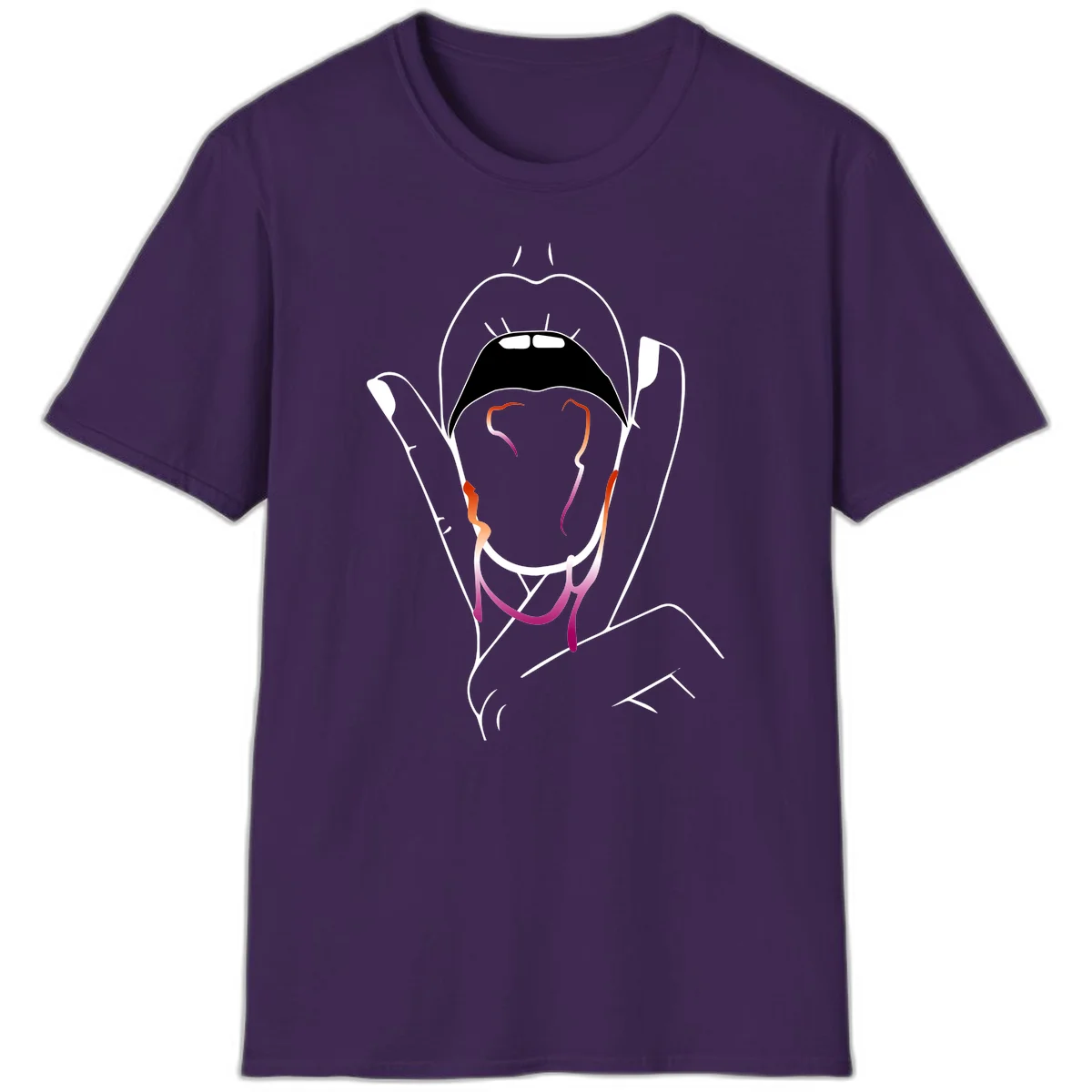 Minimalist line art illustration of an open mouth with colorful gradient tongue in pride colors on gray background in Purple
