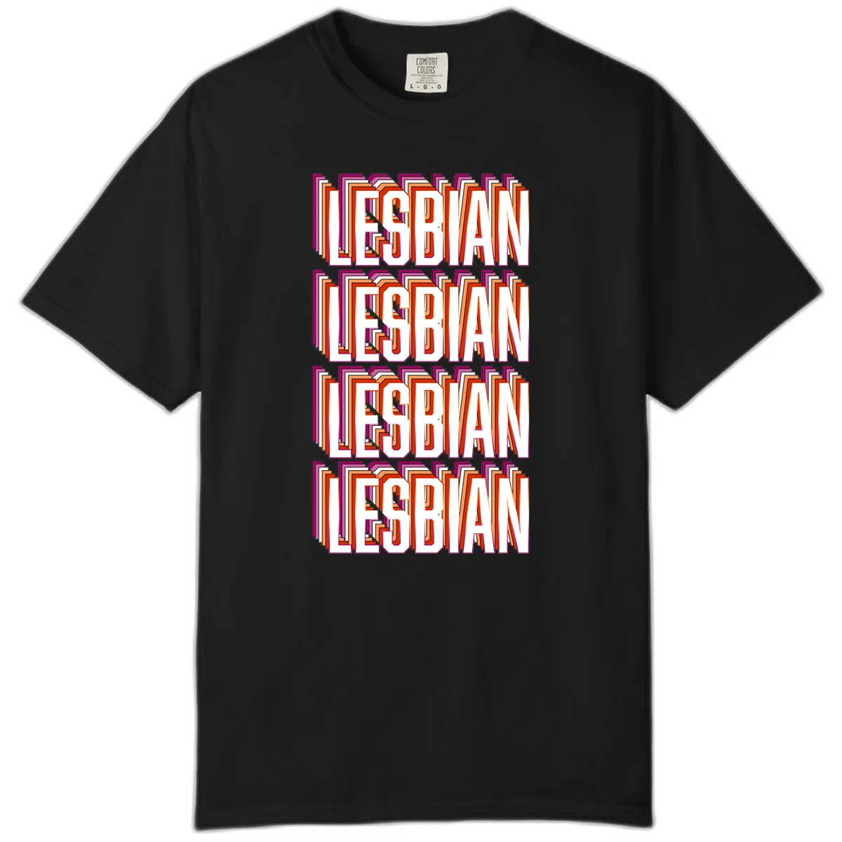 Lesbian retro 3D text design with layered purple, magenta, orange and red striped lettering creating dimensional shadow effect in Black