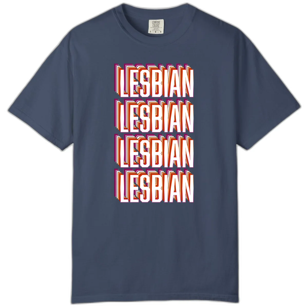 Lesbian retro 3D text design with layered purple, magenta, orange and red striped lettering creating dimensional shadow effect in Midnight