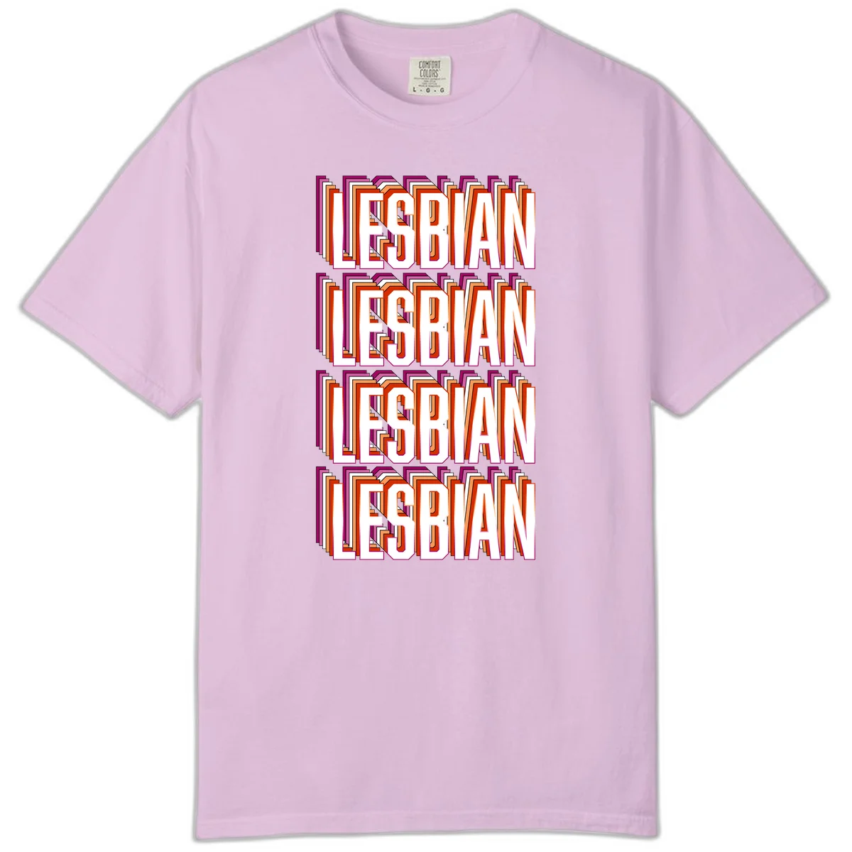 Lesbian retro 3D text design with layered purple, magenta, orange and red striped lettering creating dimensional shadow effect in Orchid
