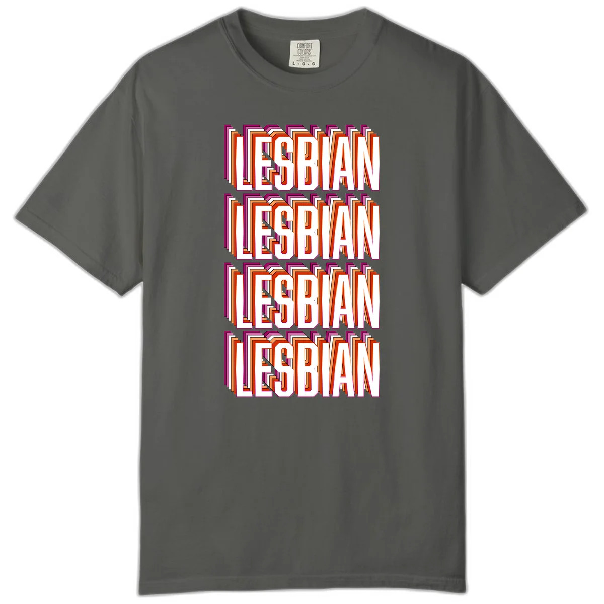 Lesbian retro 3D text design with layered purple, magenta, orange and red striped lettering creating dimensional shadow effect in Pepper