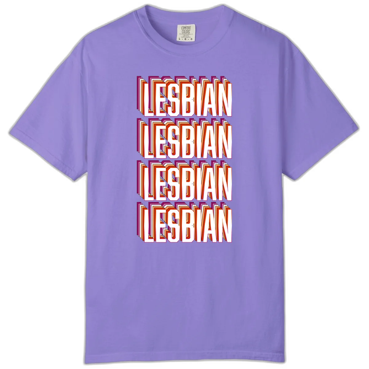 Lesbian retro 3D text design with layered purple, magenta, orange and red striped lettering creating dimensional shadow effect in Violet