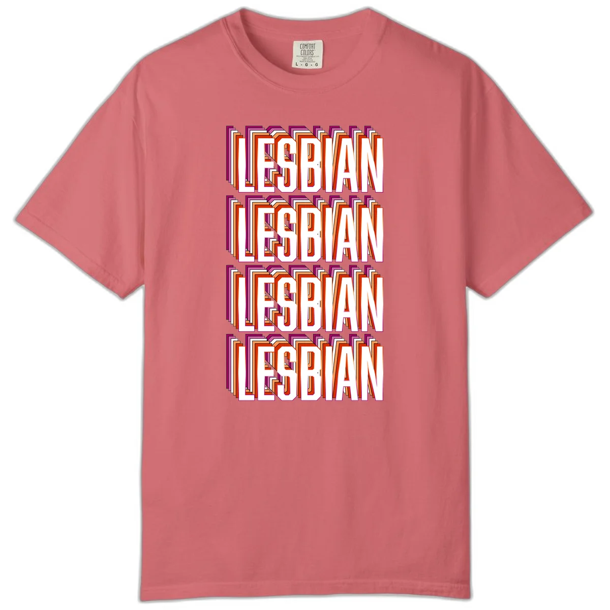 Lesbian retro 3D text design with layered purple, magenta, orange and red striped lettering creating dimensional shadow effect in Watermelon