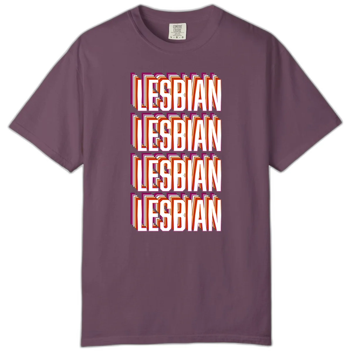 Lesbian retro 3D text design with layered purple, magenta, orange and red striped lettering creating dimensional shadow effect in Berry