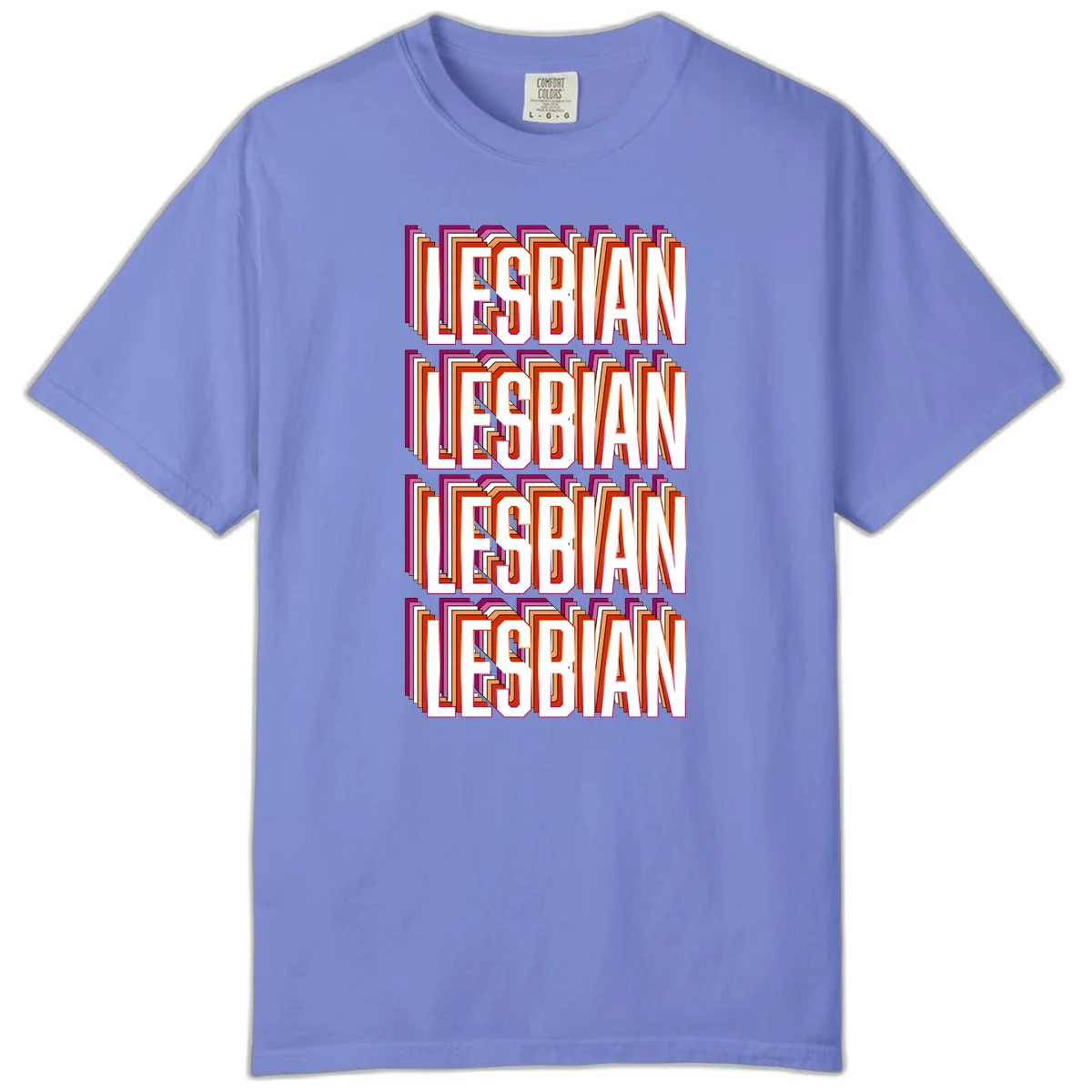 Lesbian retro 3D text design with layered purple, magenta, orange and red striped lettering creating dimensional shadow effect in Flo Blue