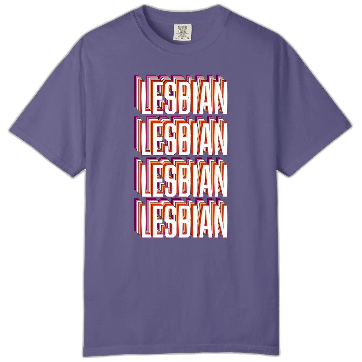 Lesbian retro 3D text design with layered purple, magenta, orange and red striped lettering creating dimensional shadow effect in Grape
