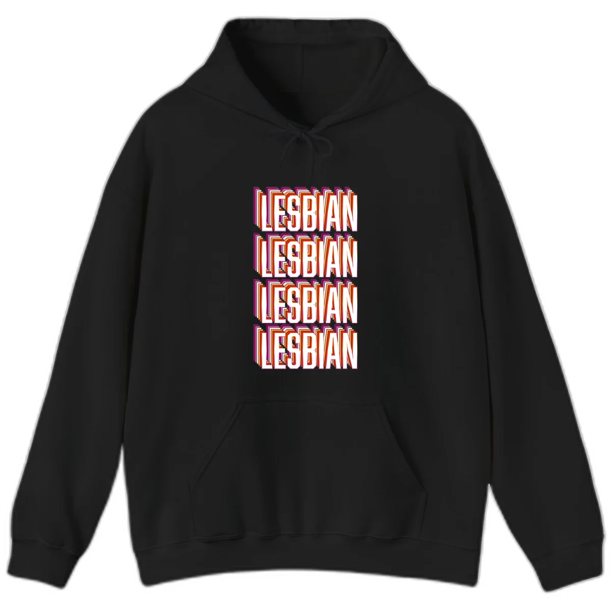 Lesbian retro 3D text design with layered purple, magenta, orange and red striped lettering creating dimensional shadow effect in Black
