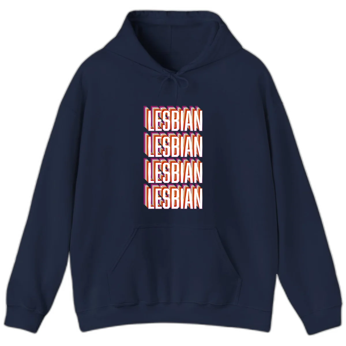 Lesbian retro 3D text design with layered purple, magenta, orange and red striped lettering creating dimensional shadow effect in Navy