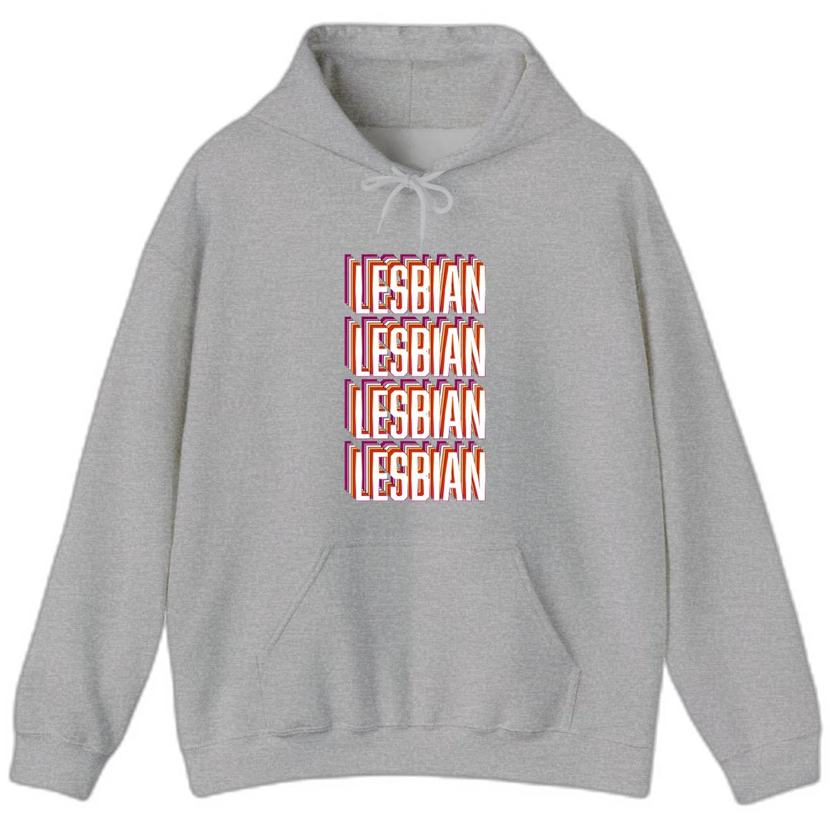 Lesbian retro 3D text design with layered purple, magenta, orange and red striped lettering creating dimensional shadow effect in Sport Grey