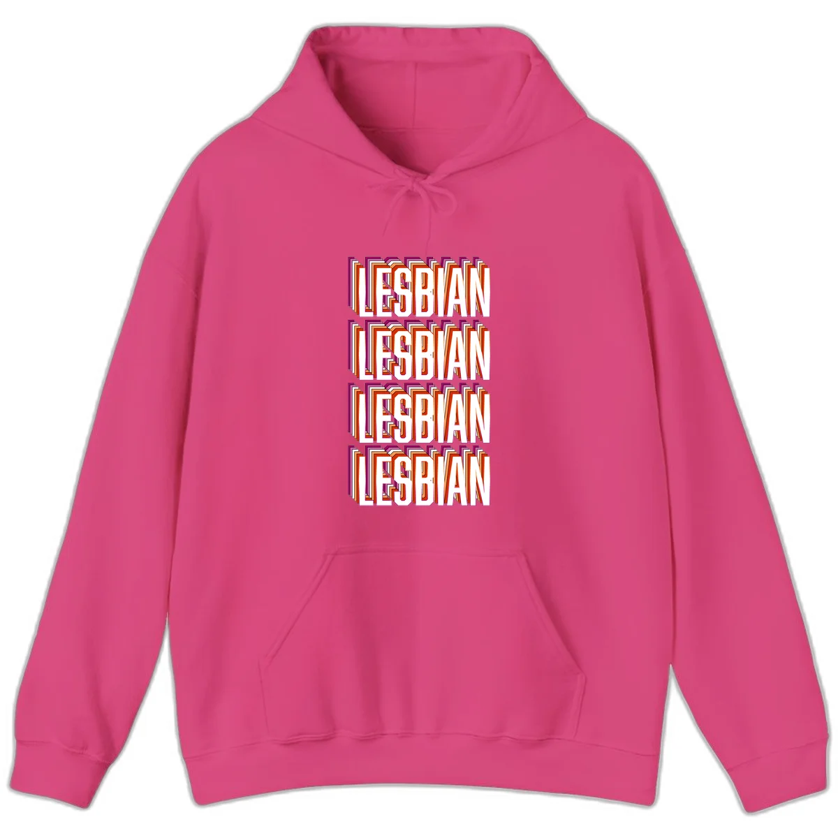 Lesbian retro 3D text design with layered purple, magenta, orange and red striped lettering creating dimensional shadow effect in Heliconia