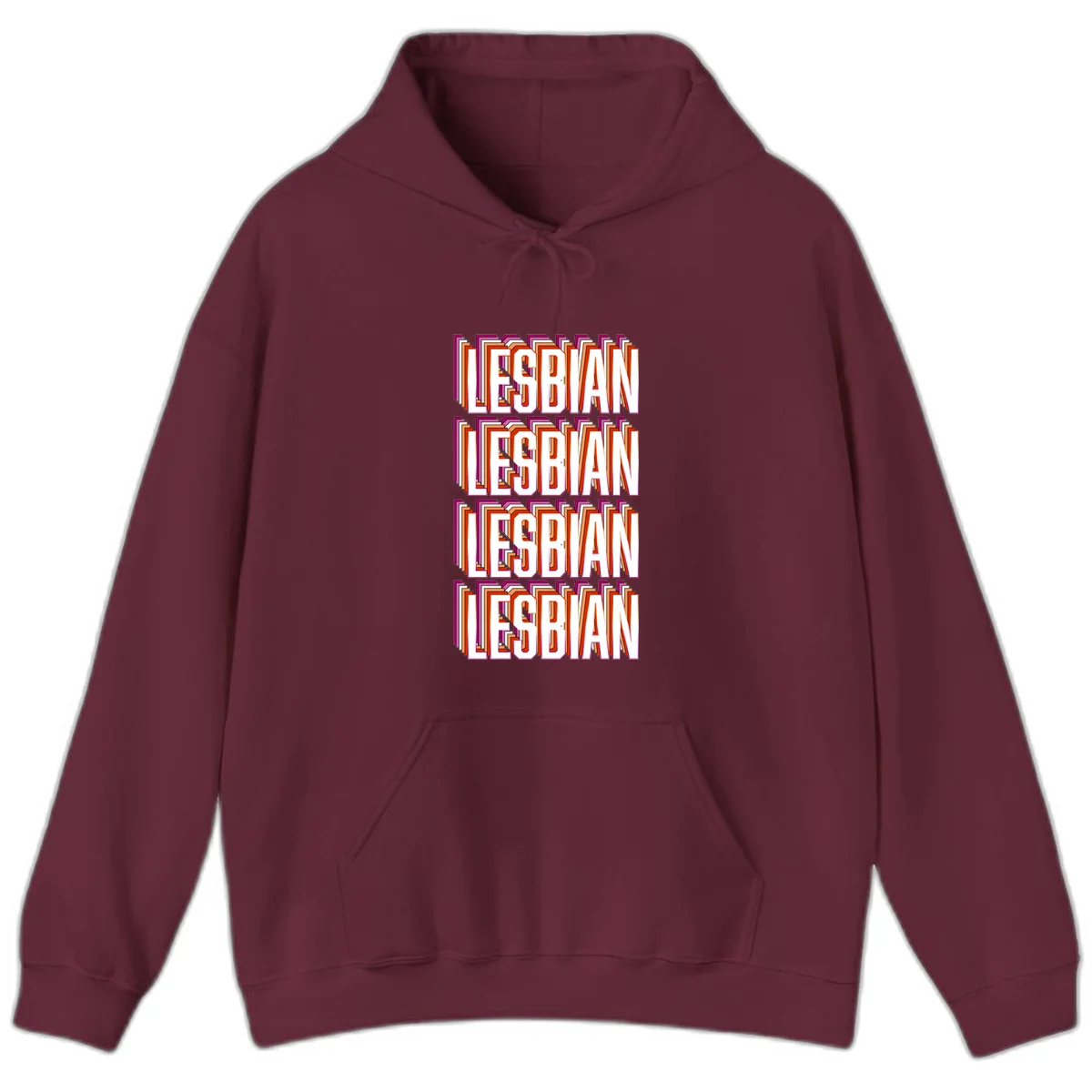 Lesbian retro 3D text design with layered purple, magenta, orange and red striped lettering creating dimensional shadow effect in Maroon