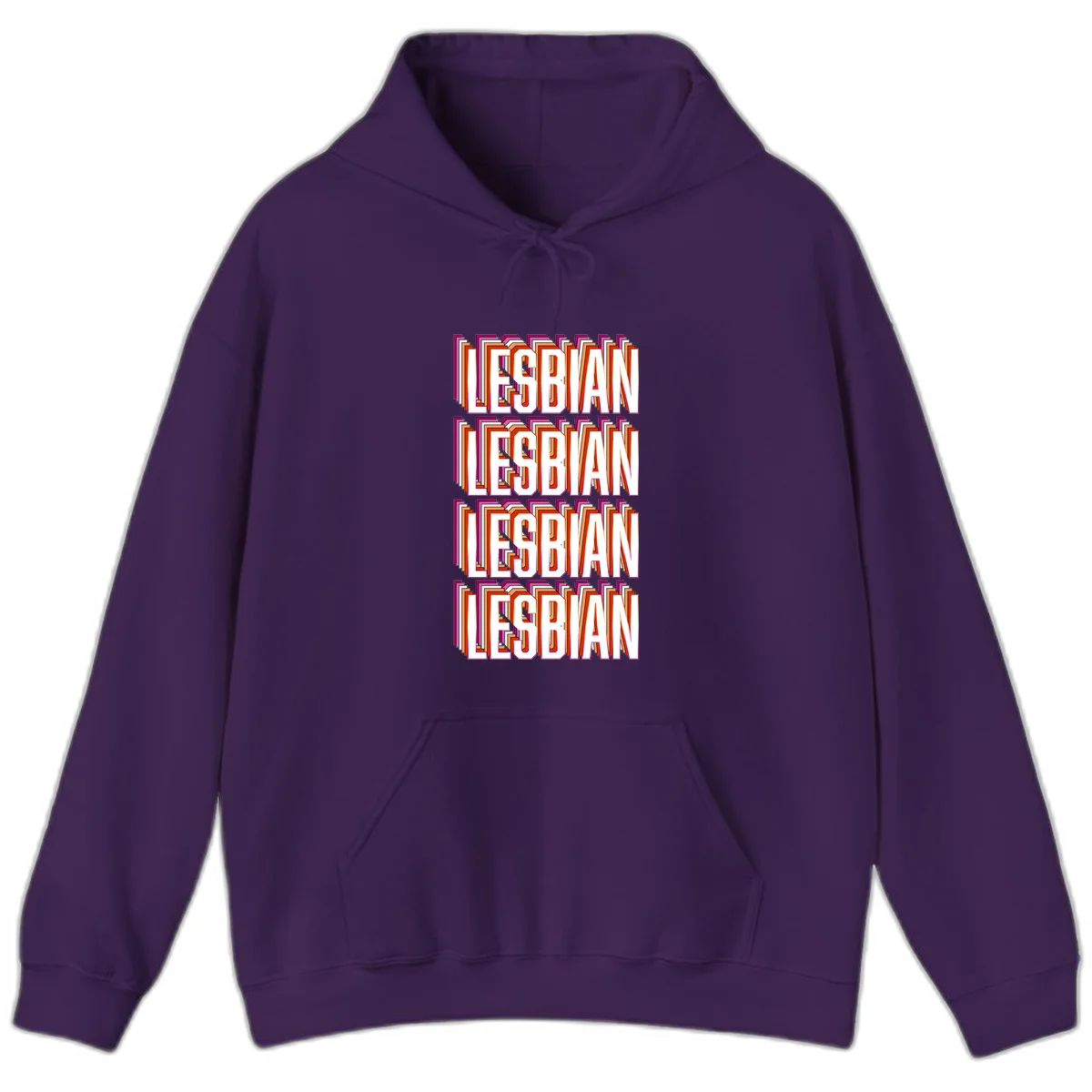 Lesbian retro 3D text design with layered purple, magenta, orange and red striped lettering creating dimensional shadow effect in Purple