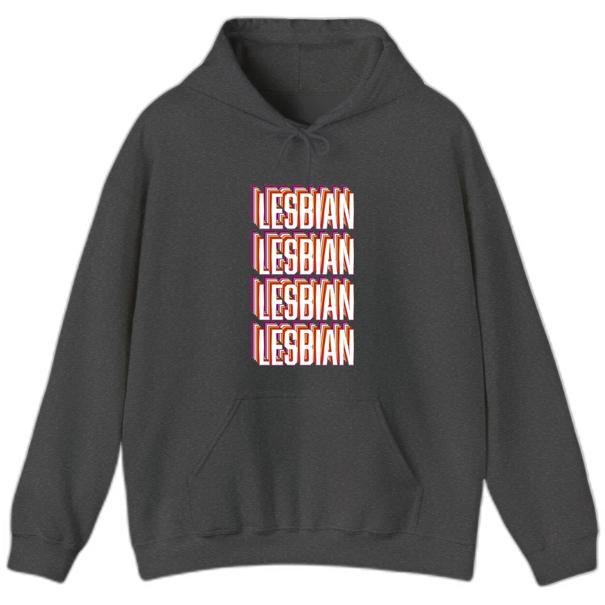 Lesbian retro 3D text design with layered purple, magenta, orange and red striped lettering creating dimensional shadow effect in Dark Heather