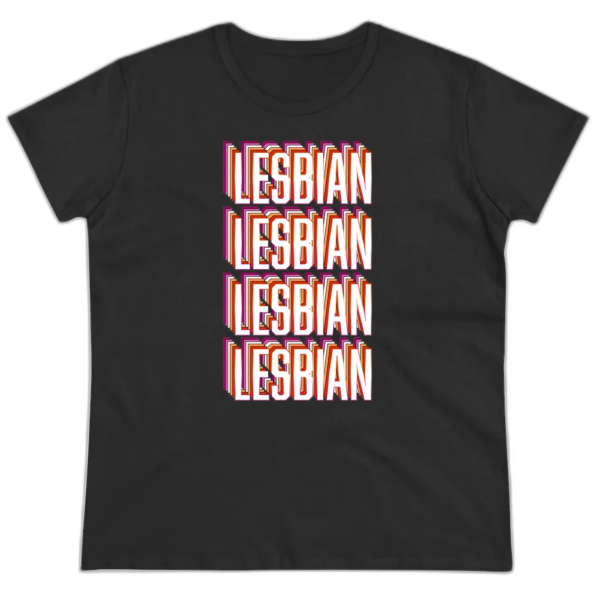 Lesbian retro 3D text design with layered purple, magenta, orange and red striped lettering creating dimensional shadow effect in Black