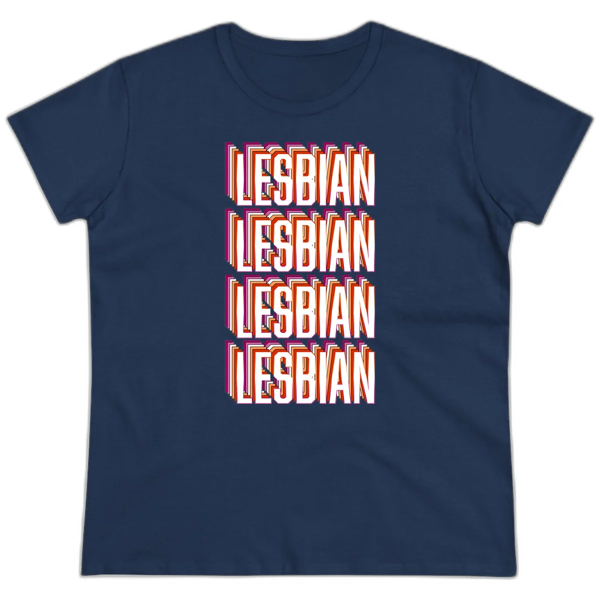 Lesbian retro 3D text design with layered purple, magenta, orange and red striped lettering creating dimensional shadow effect in Navy