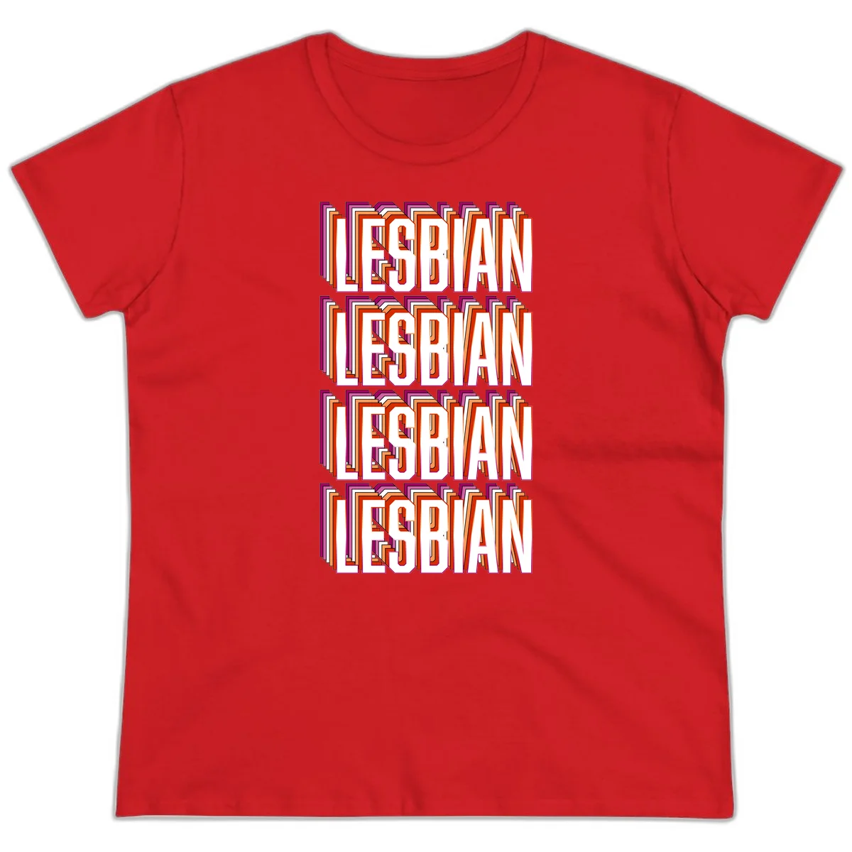 Lesbian retro 3D text design with layered purple, magenta, orange and red striped lettering creating dimensional shadow effect in Red
