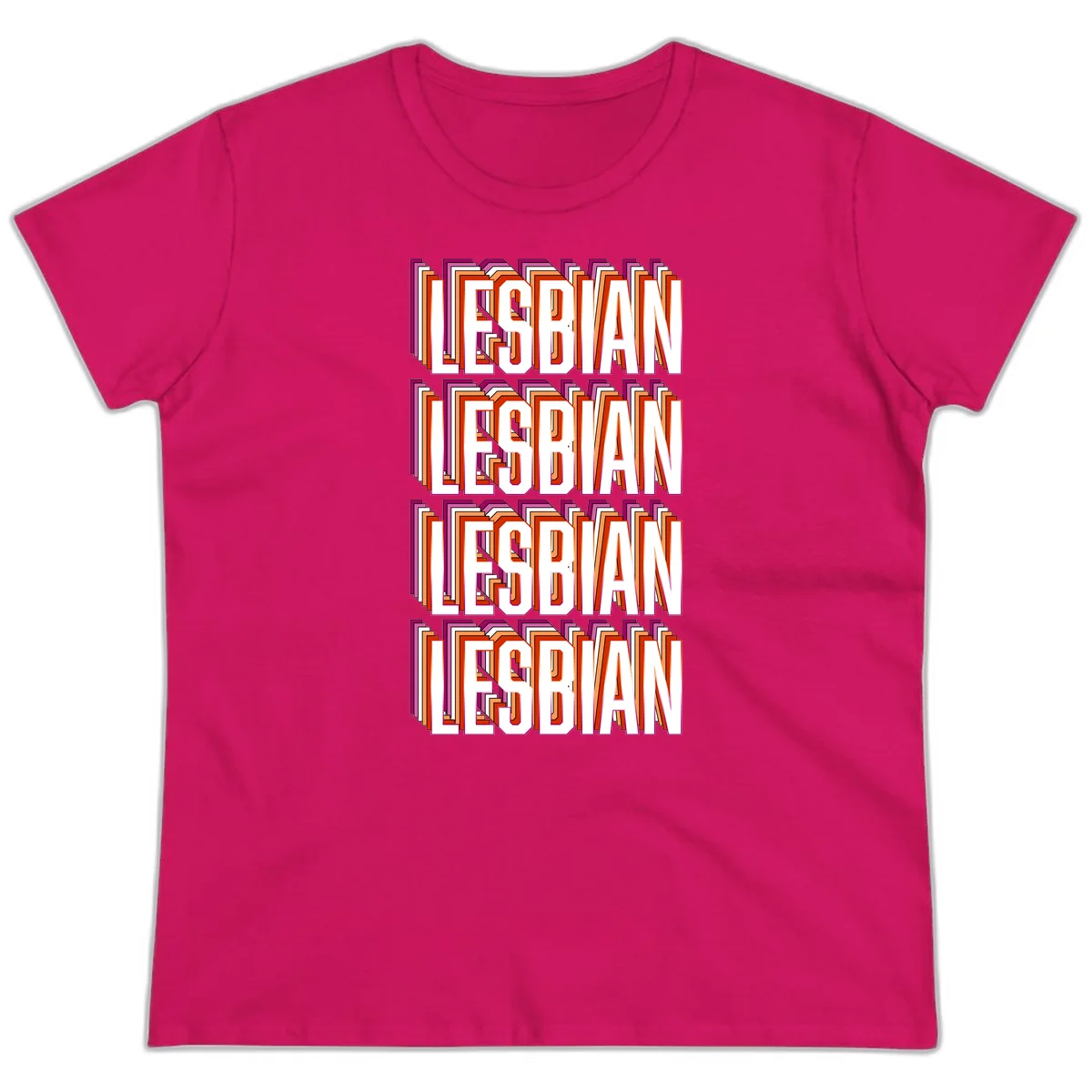 Lesbian retro 3D text design with layered purple, magenta, orange and red striped lettering creating dimensional shadow effect in Heliconia