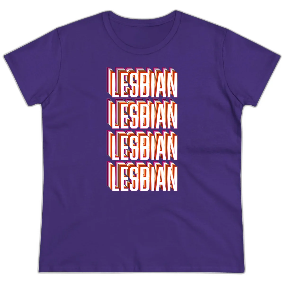 Lesbian retro 3D text design with layered purple, magenta, orange and red striped lettering creating dimensional shadow effect in Purple