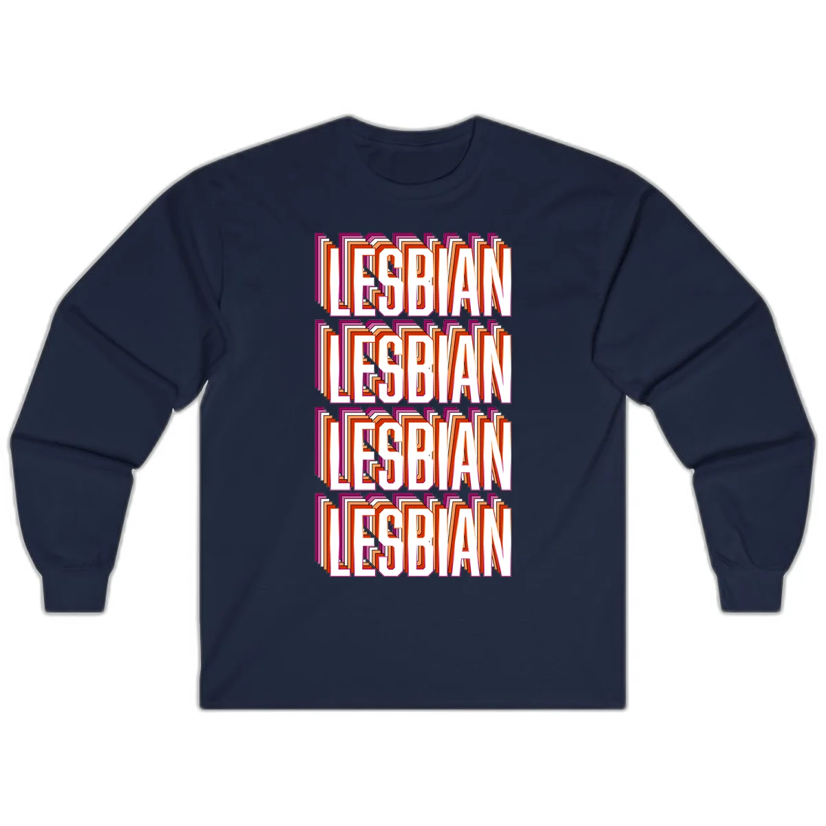 Lesbian retro 3D text design with layered purple, magenta, orange and red striped lettering creating dimensional shadow effect in Navy