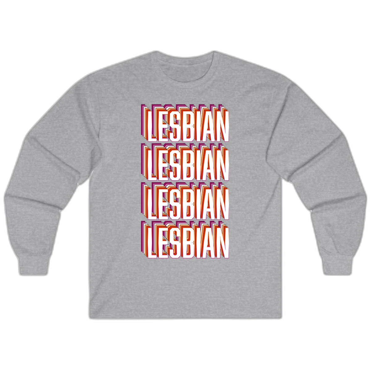 Lesbian retro 3D text design with layered purple, magenta, orange and red striped lettering creating dimensional shadow effect in Sport Grey