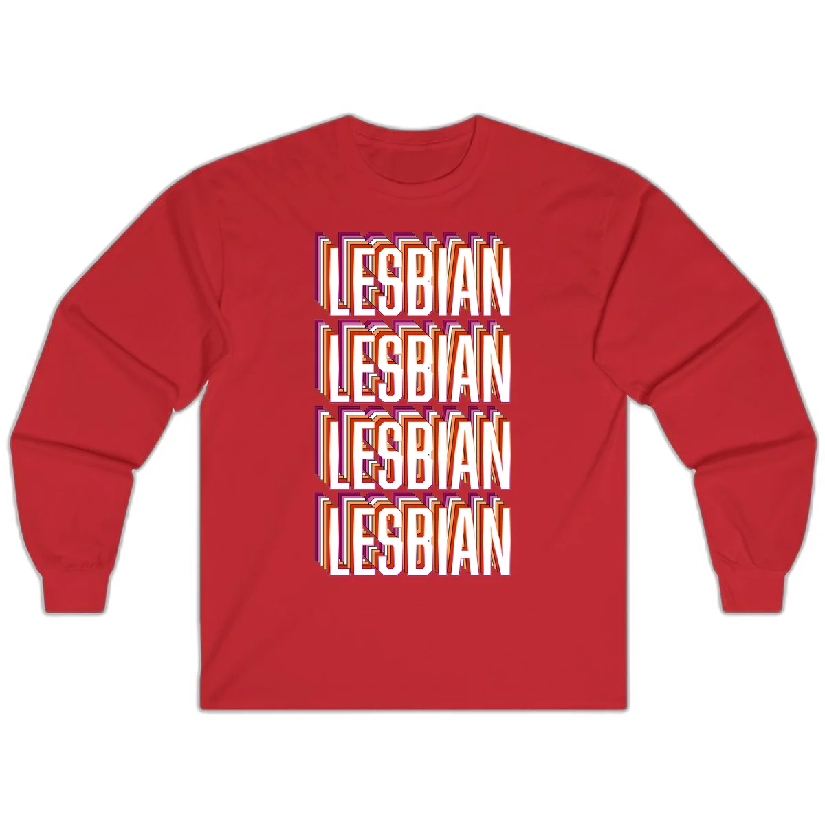 Lesbian retro 3D text design with layered purple, magenta, orange and red striped lettering creating dimensional shadow effect in Red
