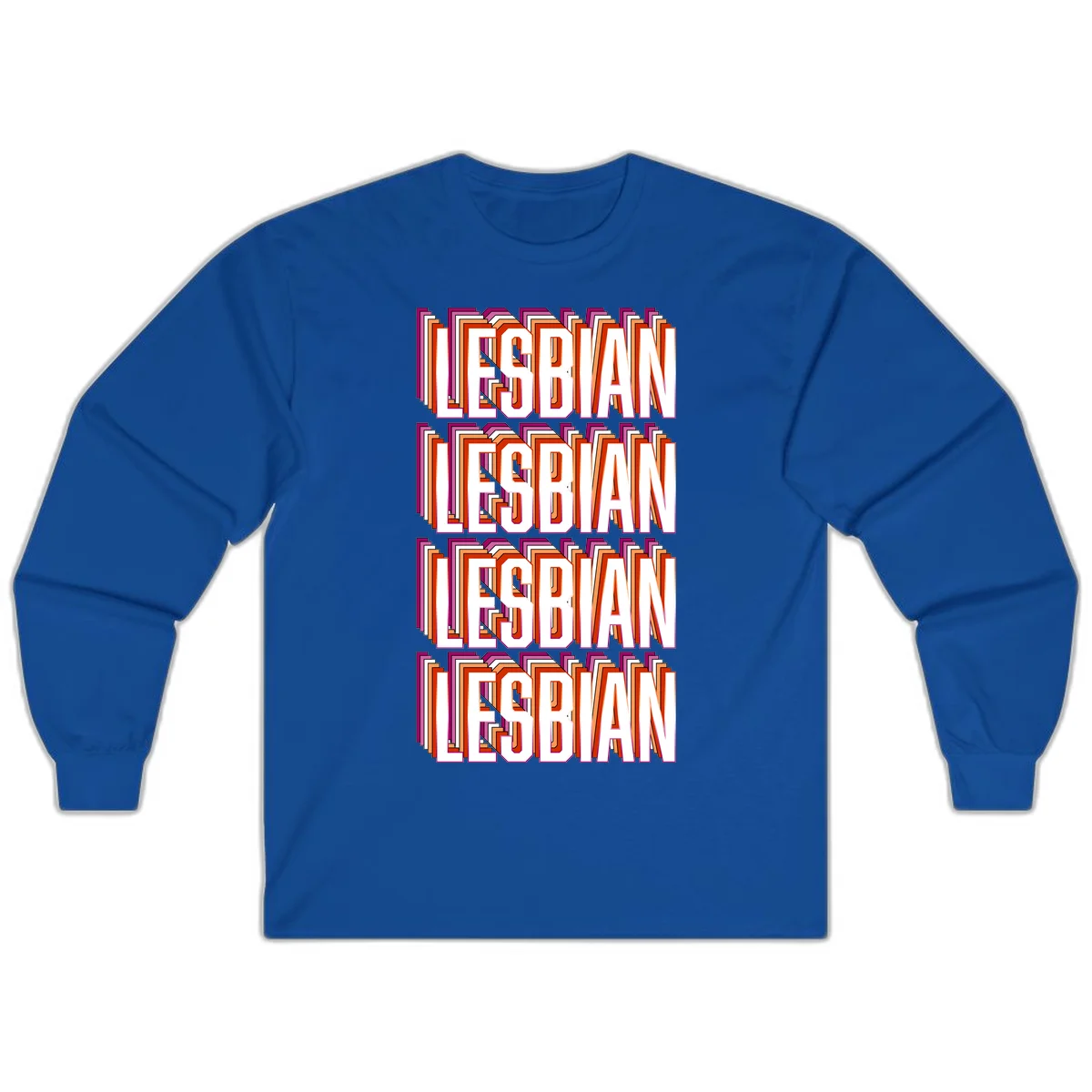 Lesbian retro 3D text design with layered purple, magenta, orange and red striped lettering creating dimensional shadow effect in Royal