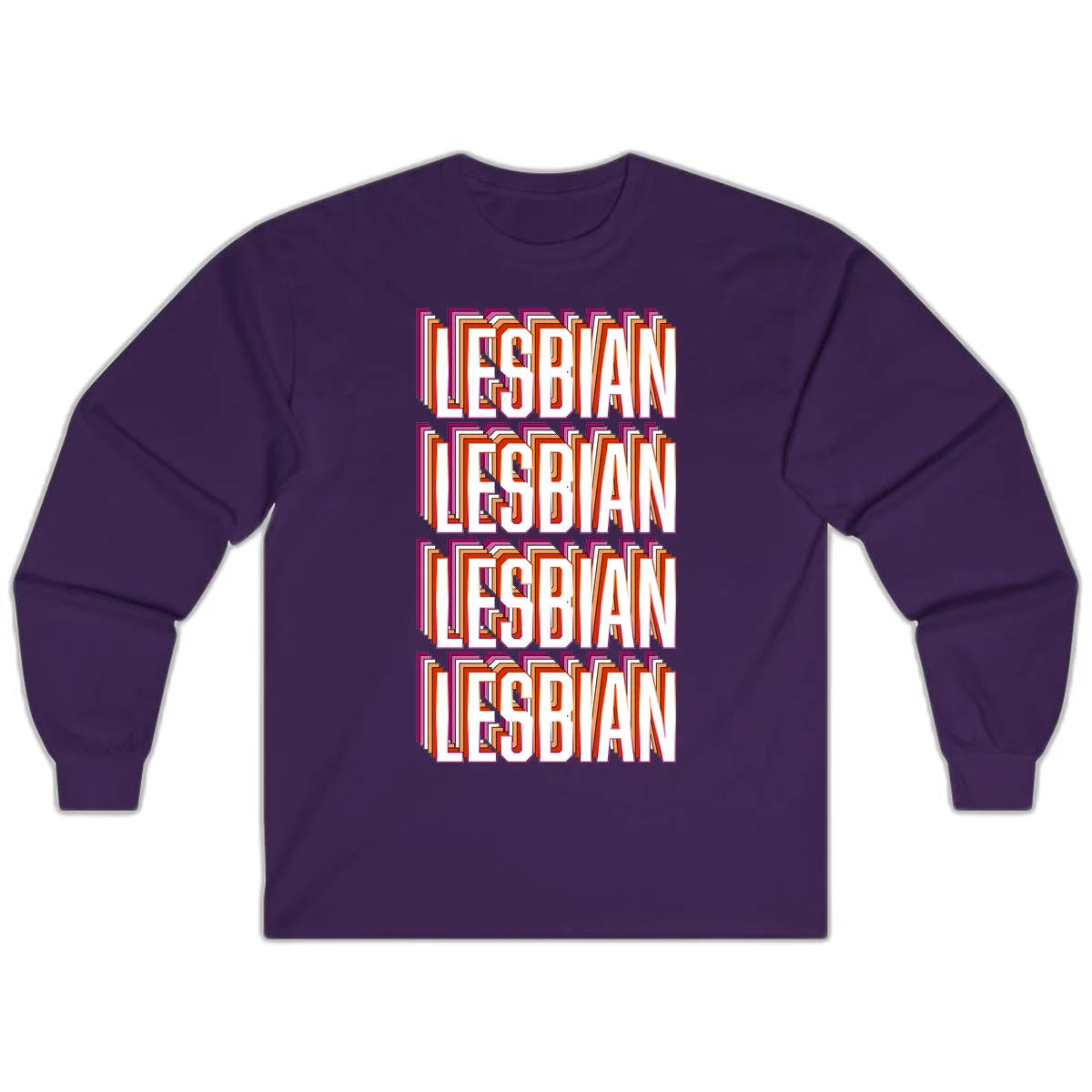Lesbian retro 3D text design with layered purple, magenta, orange and red striped lettering creating dimensional shadow effect in Purple