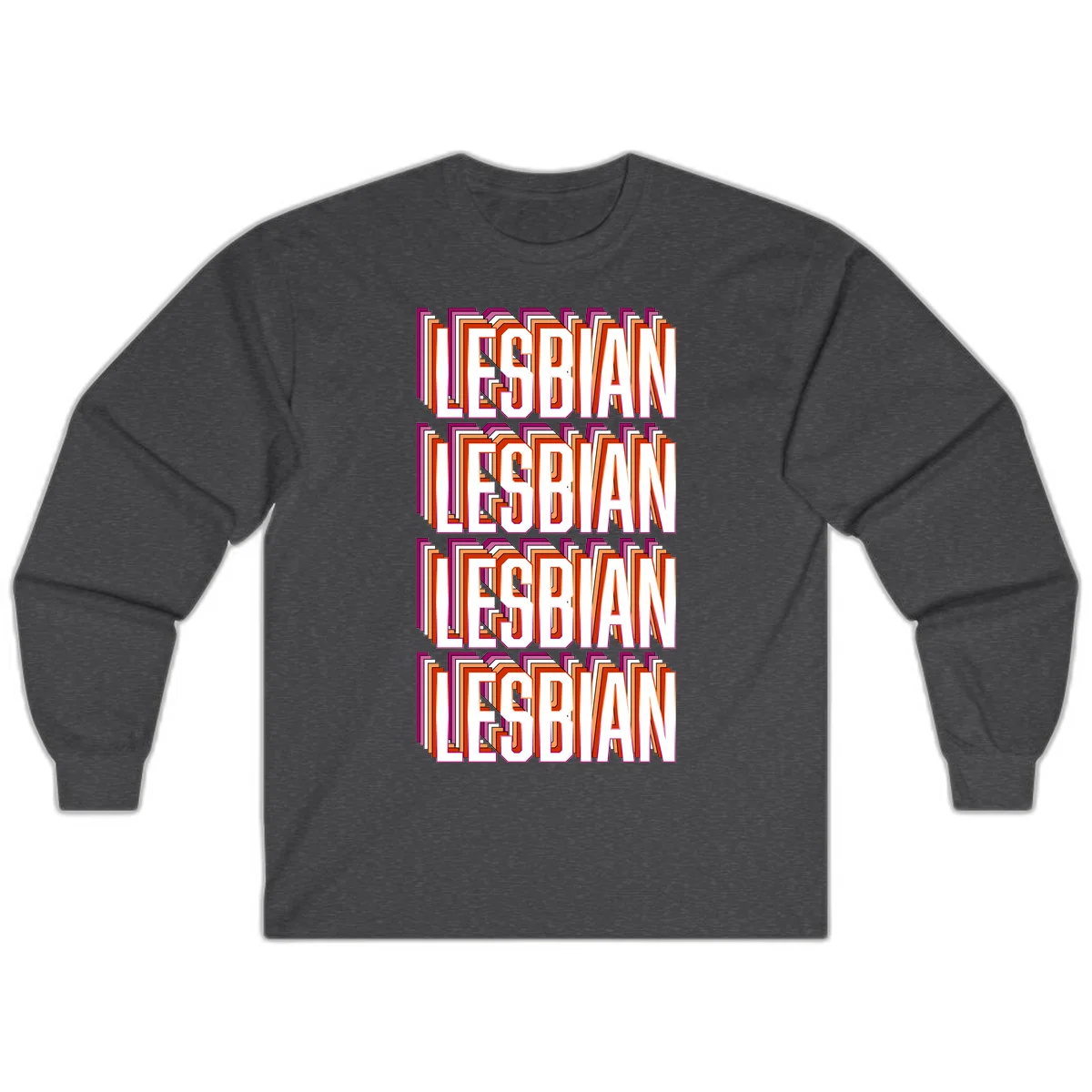 Lesbian retro 3D text design with layered purple, magenta, orange and red striped lettering creating dimensional shadow effect in Dark Heather