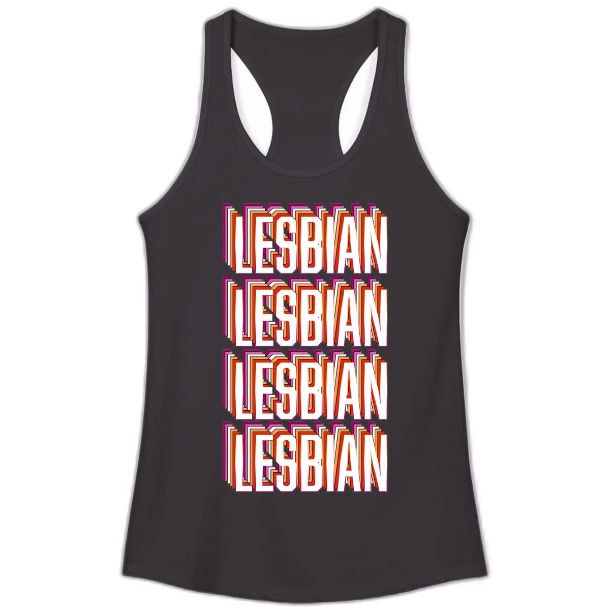 Lesbian retro 3D text design with layered purple, magenta, orange and red striped lettering creating dimensional shadow effect in Black
