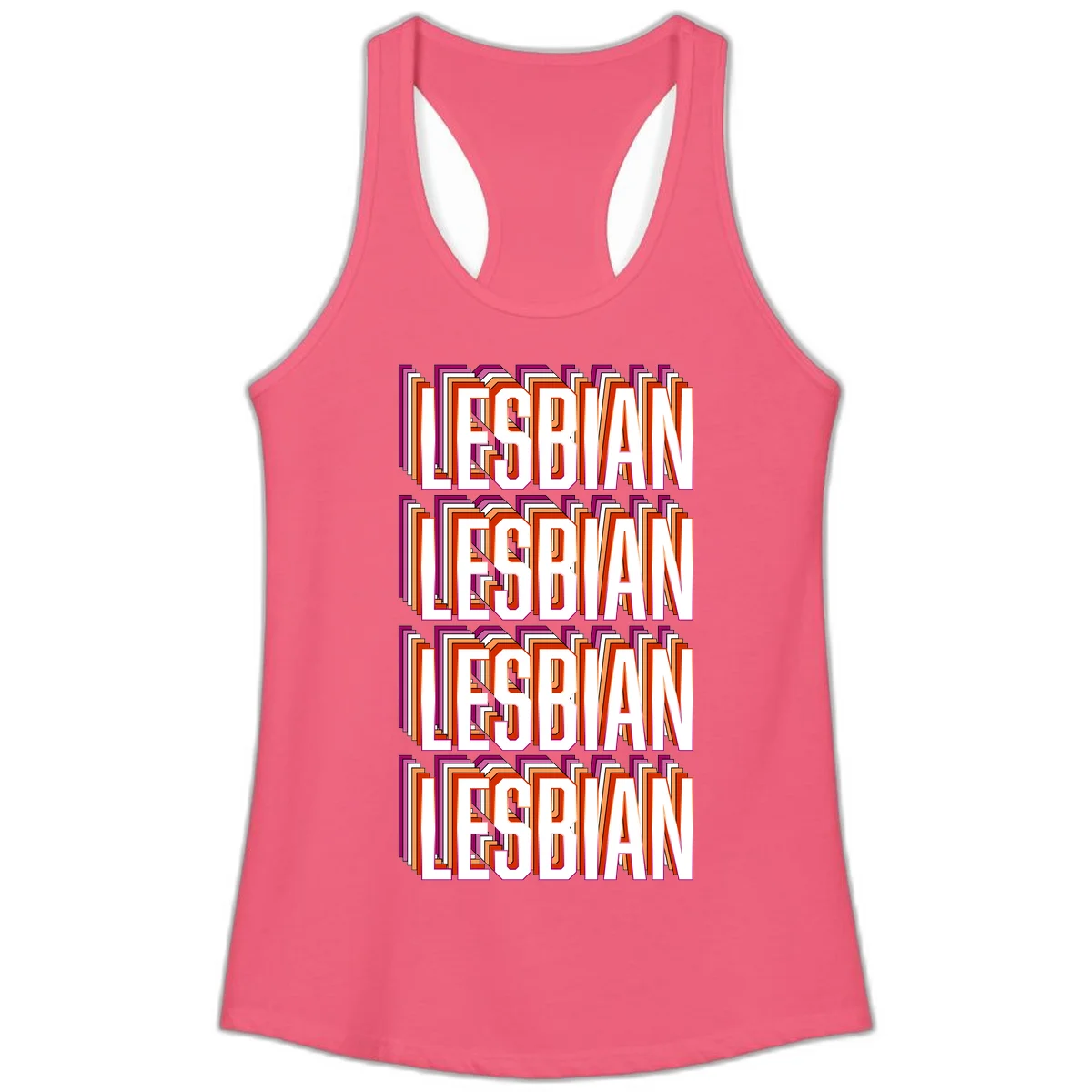 Lesbian retro 3D text design with layered purple, magenta, orange and red striped lettering creating dimensional shadow effect in Hot Pink