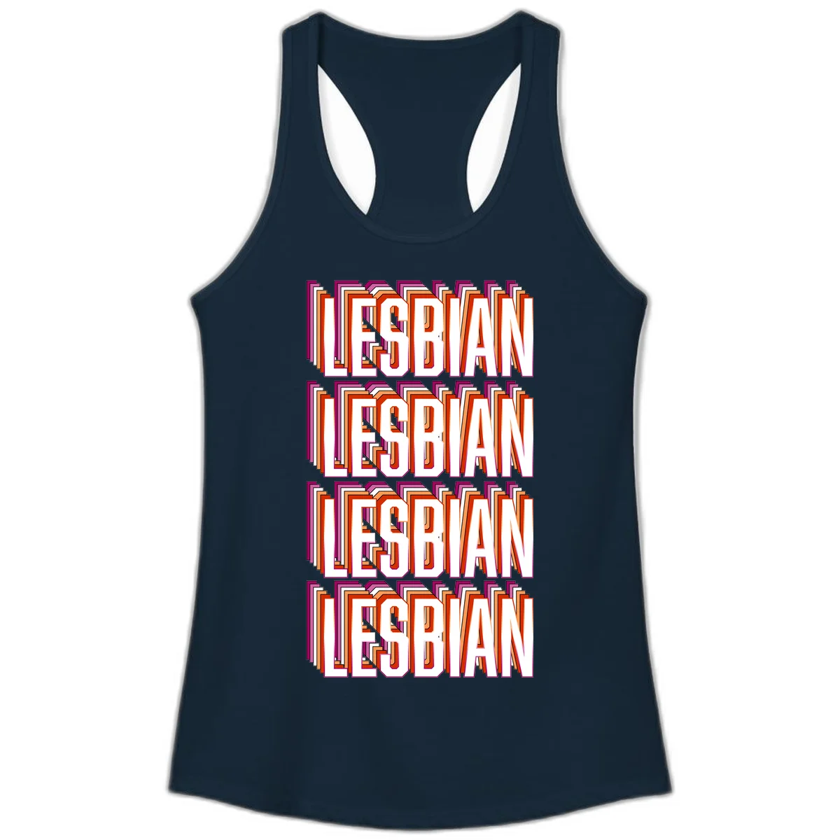 Lesbian retro 3D text design with layered purple, magenta, orange and red striped lettering creating dimensional shadow effect in Solid Midnight Navy