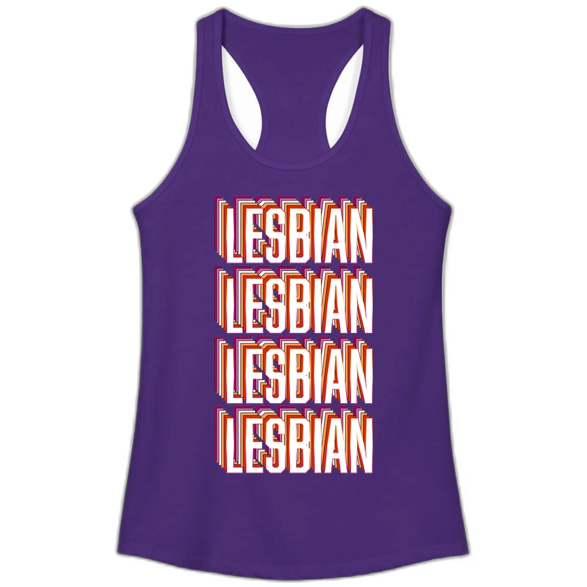 Lesbian retro 3D text design with layered purple, magenta, orange and red striped lettering creating dimensional shadow effect in Solid Purple Rush