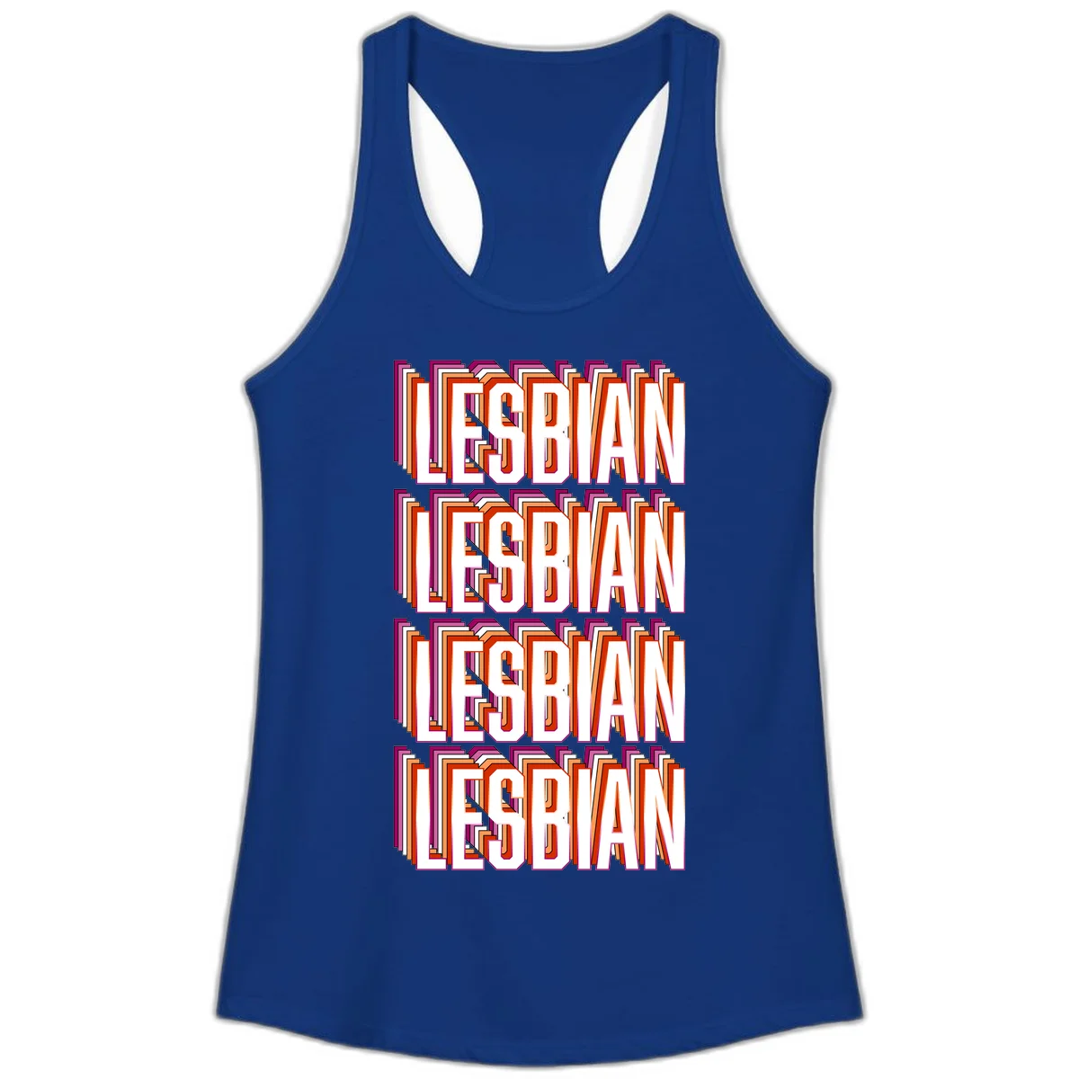 Lesbian retro 3D text design with layered purple, magenta, orange and red striped lettering creating dimensional shadow effect in Solid Royal