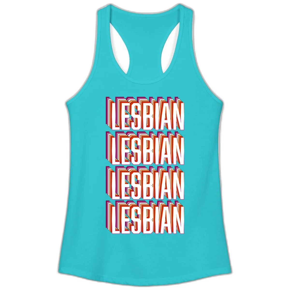 Lesbian retro 3D text design with layered purple, magenta, orange and red striped lettering creating dimensional shadow effect in Solid Tahiti Blue