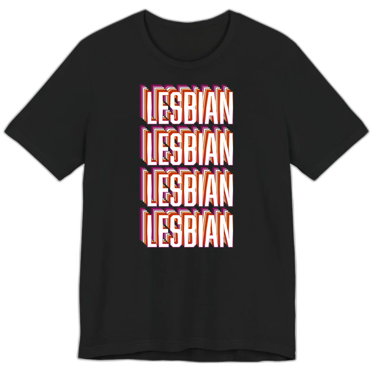 Lesbian retro 3D text design with layered purple, magenta, orange and red striped lettering creating dimensional shadow effect in Black