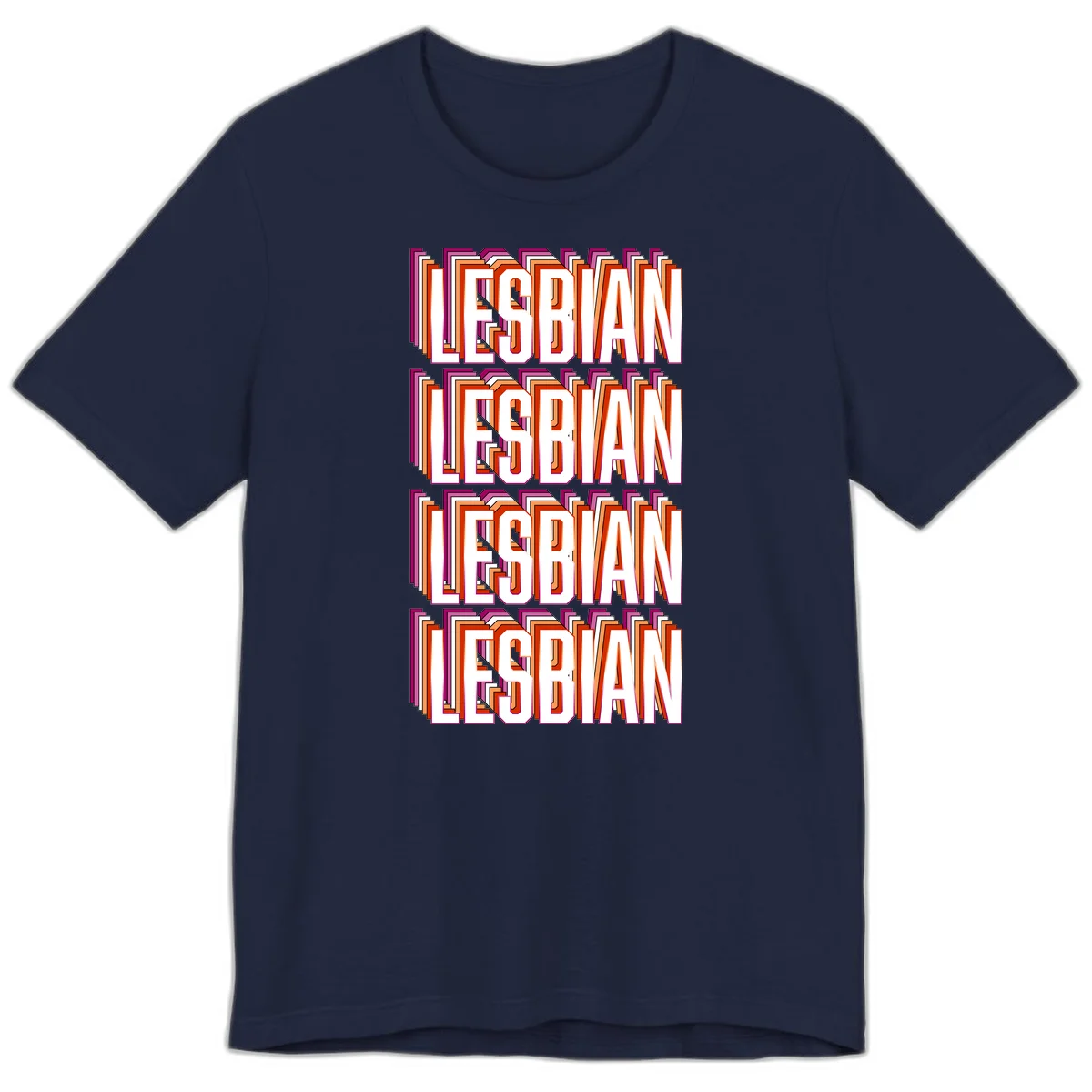 Lesbian retro 3D text design with layered purple, magenta, orange and red striped lettering creating dimensional shadow effect in Navy