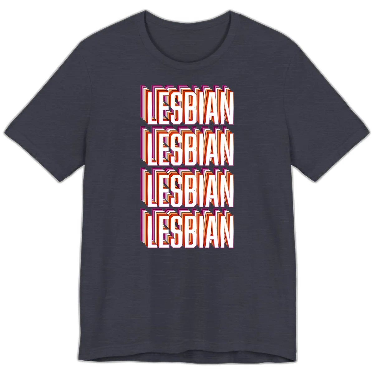 Lesbian retro 3D text design with layered purple, magenta, orange and red striped lettering creating dimensional shadow effect in Heather Midnight Navy