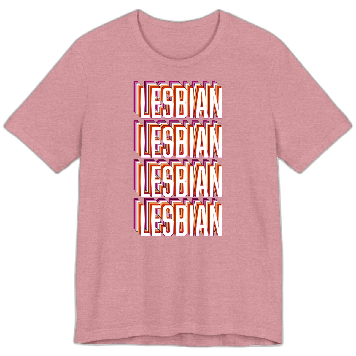 Lesbian retro 3D text design with layered purple, magenta, orange and red striped lettering creating dimensional shadow effect in Heather Orchid