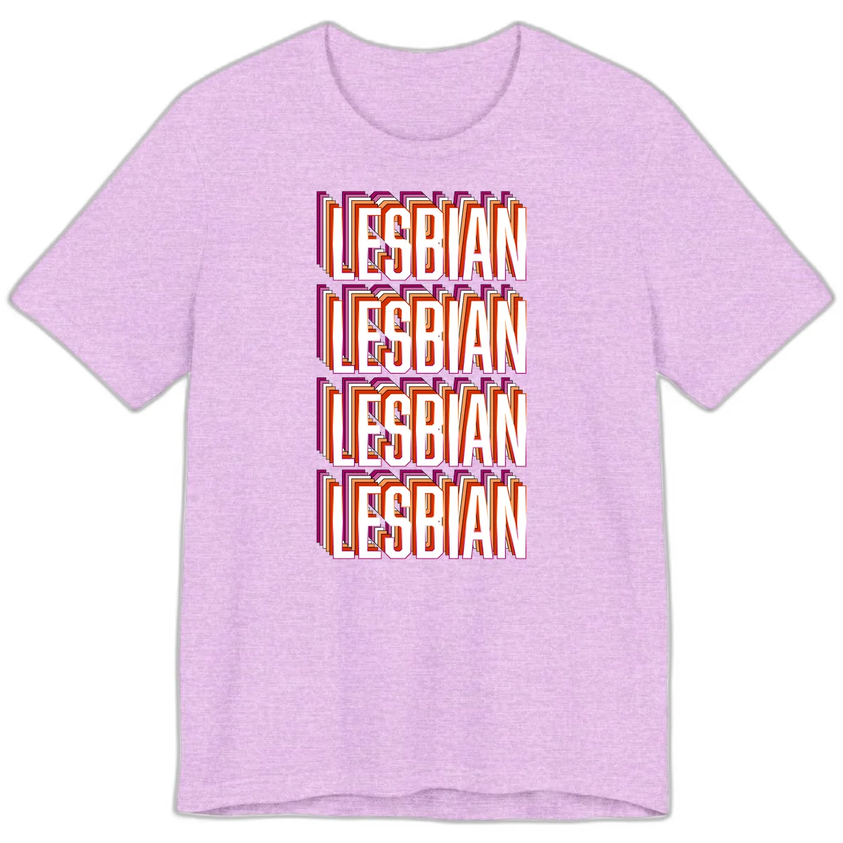 Lesbian retro 3D text design with layered purple, magenta, orange and red striped lettering creating dimensional shadow effect in Heather Prism Lilac