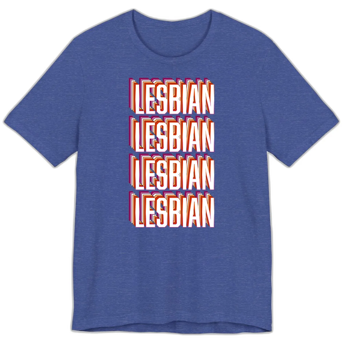 Lesbian retro 3D text design with layered purple, magenta, orange and red striped lettering creating dimensional shadow effect in Heather True Royal